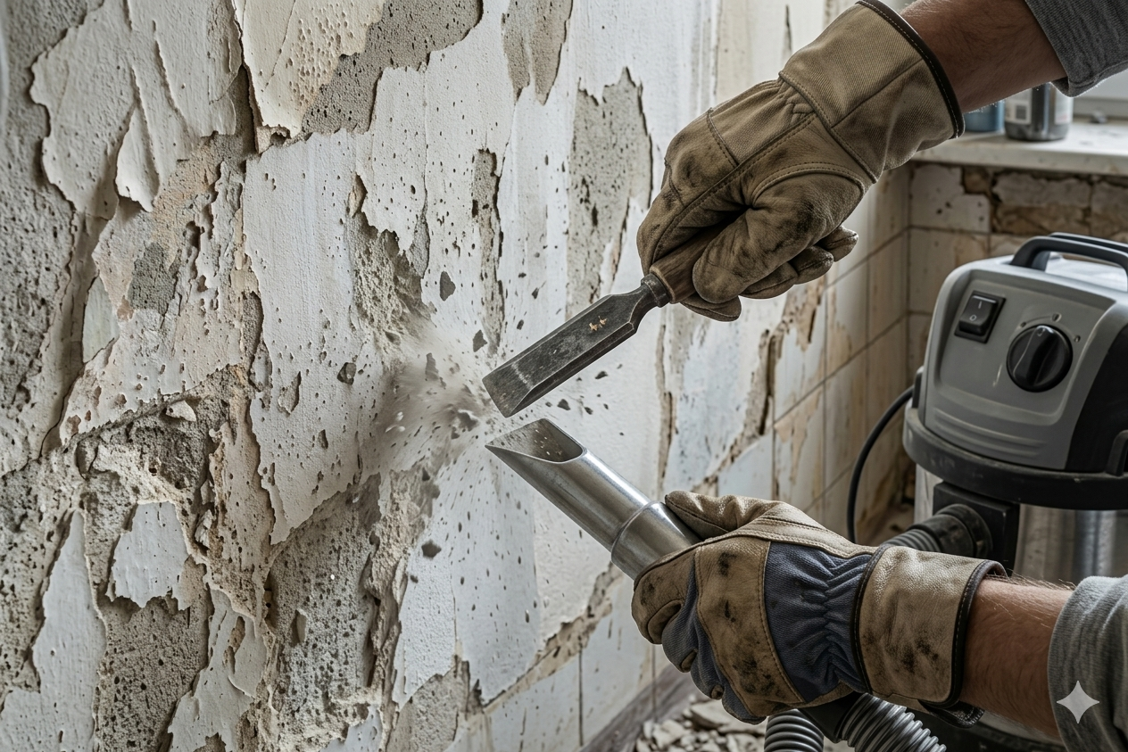 Čiščenje betonske stene z dletom in industrijskim sesalnikom za odstranjevanje ostankov lepila za ploščice