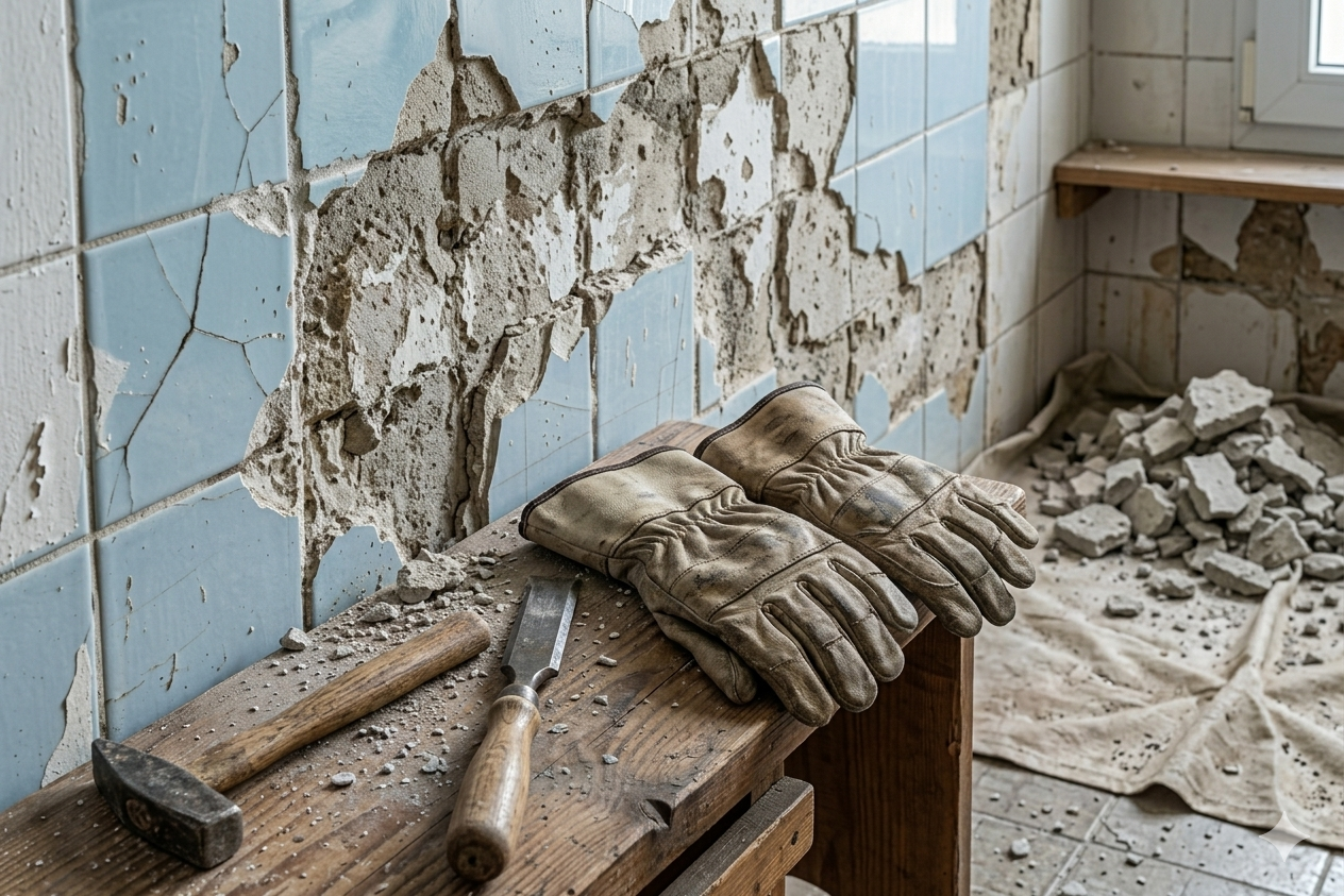 Pripravljeno orodje za odstranjevanje ploščic kladivo dleto in zaščitne rokavice na delovnem pultu v kopalnici