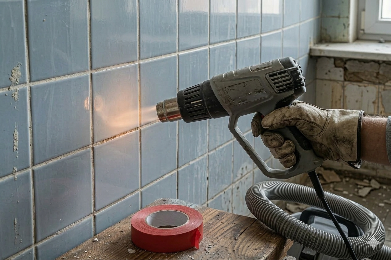 Uporaba fena za vroč zrak in praskala za mehčanje fugirne mase med kopalniškimi ploščicami