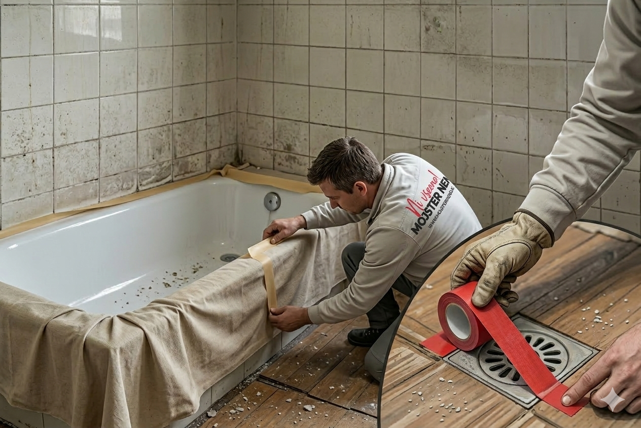 Mojster zaščiti kad s kartonom in prelepi odtok z lepilnim trakom pred začetkom klesanja ploščic