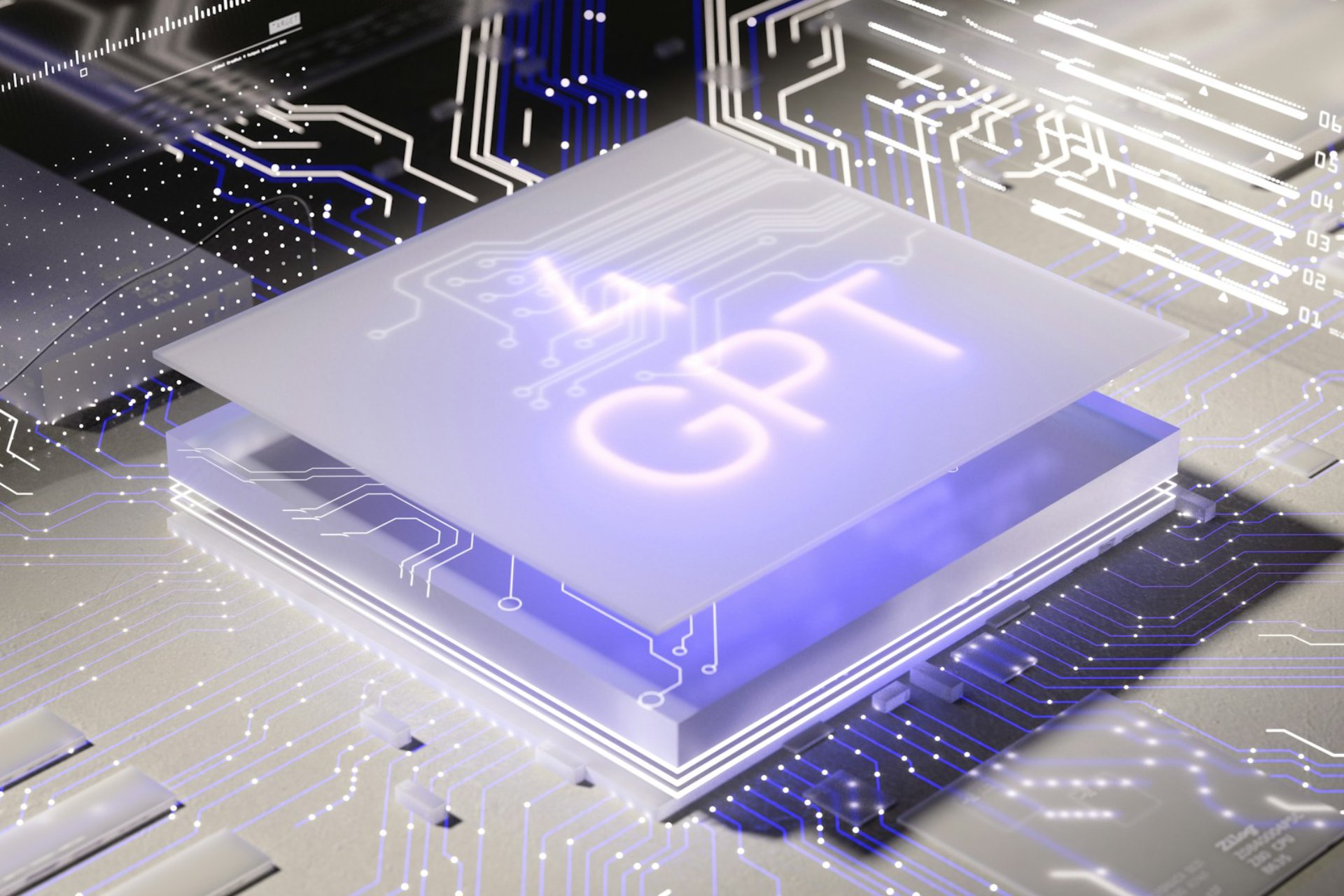 Futuristični procesor z napisom GPT na matični plošči kot simbol umetne inteligence v sodobni gradnji