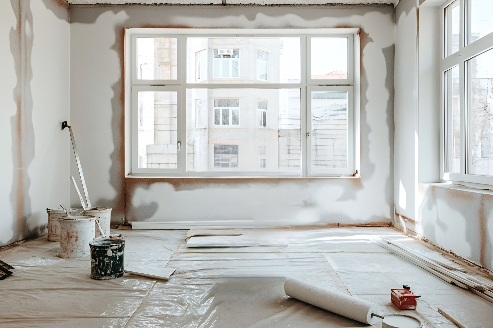 Pleskarska dela v svetlem stanovanju z vedri barve, valjčkom in zaščitno folijo na tleh